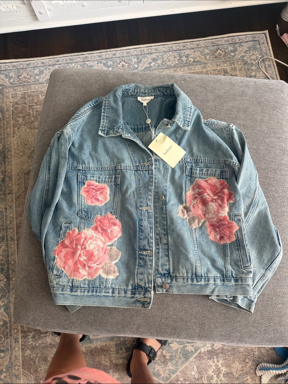 bohme Light Blue Denim Jacket with Pink Floral Appliqués